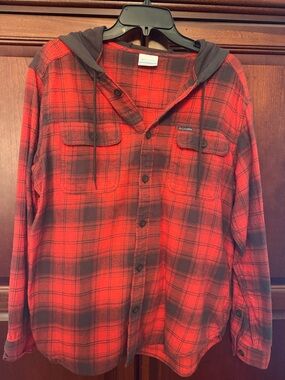 Columbia hooded flannel shirt.